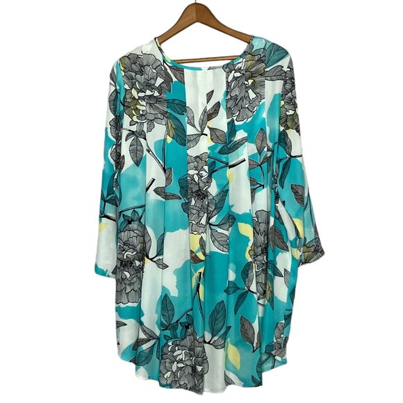 Alfani 16W Turquoise Blue Floral Chiffon Pleated Detail V-Neck Blouse Plus 1X‎ - Picture 2 of 3